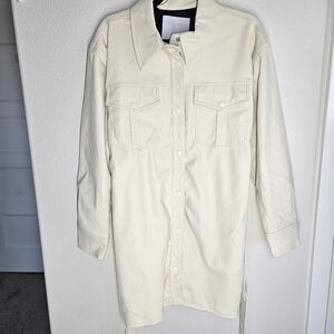 NWT! NVLT Vegan Leather Belted Shacket Jacket Ivory Snap Front Long Line, Size M